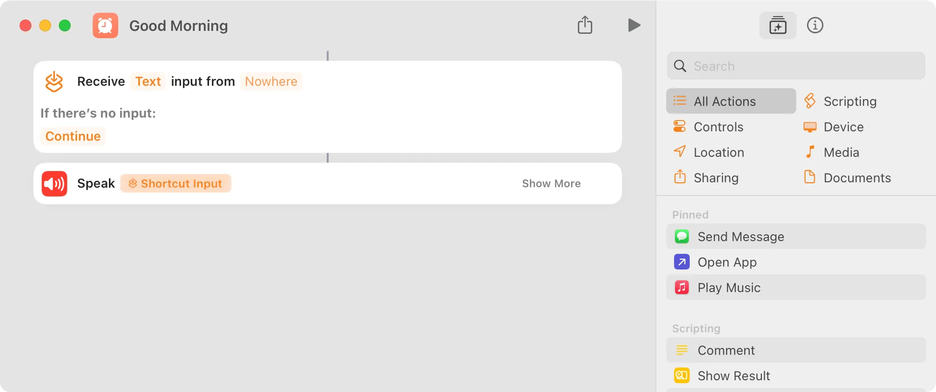 Screenshot of Shortcuts App