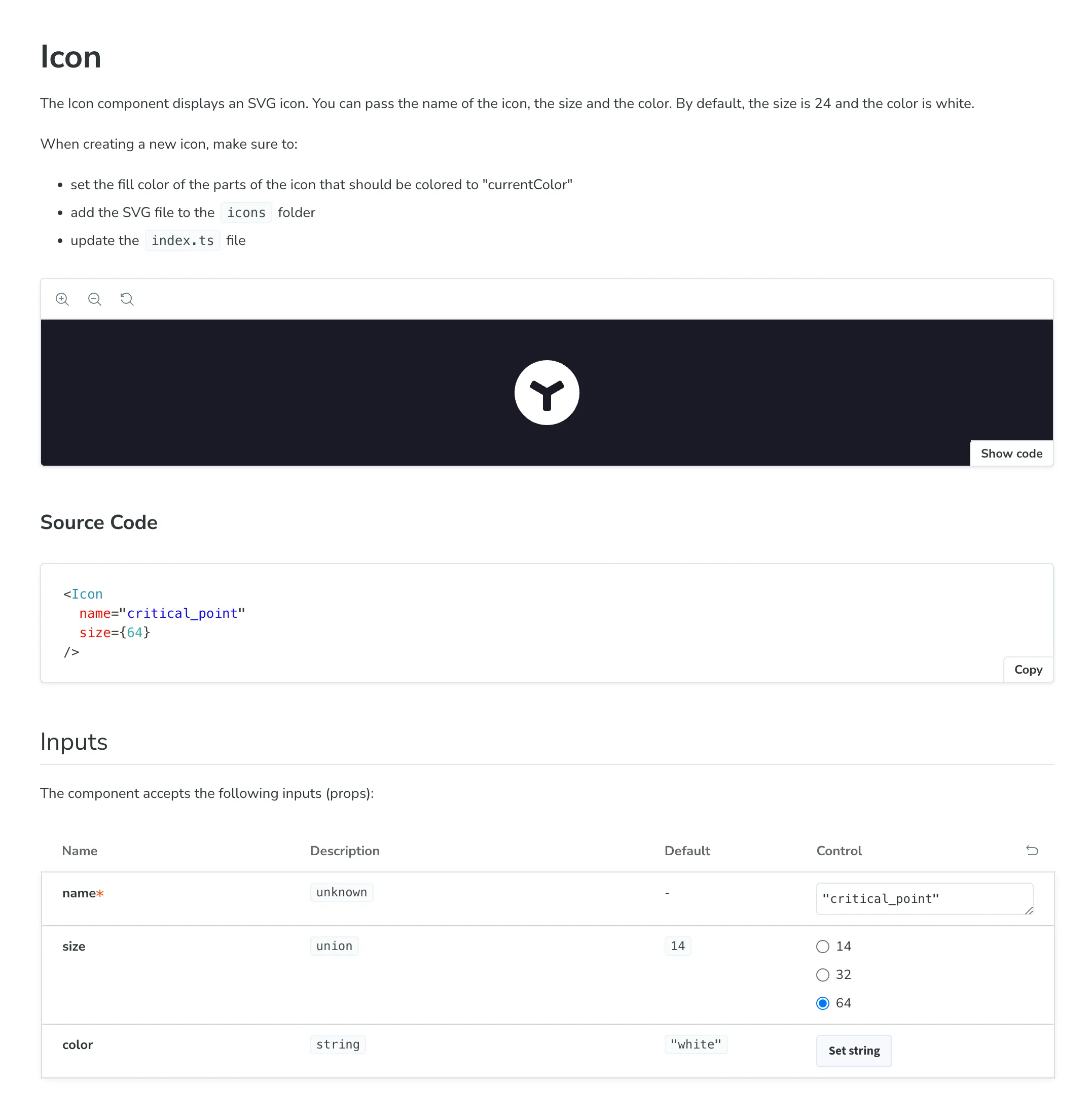 Storybook screenshot showing the Icon component